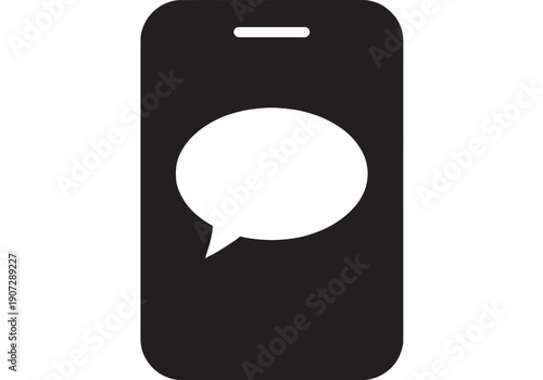Smartphone chat icon with speech bubble on screen, minimalist black glyph symbol for messaging, communication app UI, customer support, social media, isolated