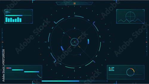 Futuristic heads up display interface with target scope and data visualization elements on dark background
