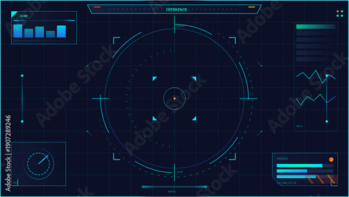Futuristic heads up display screen with target reticle and digital data analysis elements on a dark background