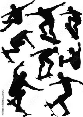 Skateboarding Silhouettes Set with Skaters Performing Aerial Tricks and Jumps, Extreme Urban Street Sport Action Vector Illustration Isolated on White Background