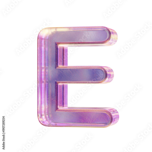 Purple pink iridescent glass font Letter E 3D