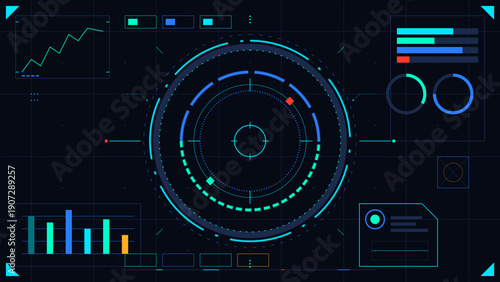 High-tech user interface dashboard showing analytical graphs and glowing circular radar elements