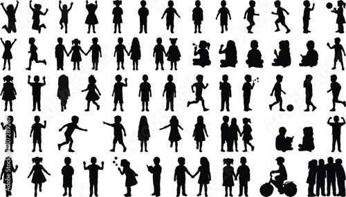 Large collection of diverse children silhouettes captured in various playful poses.