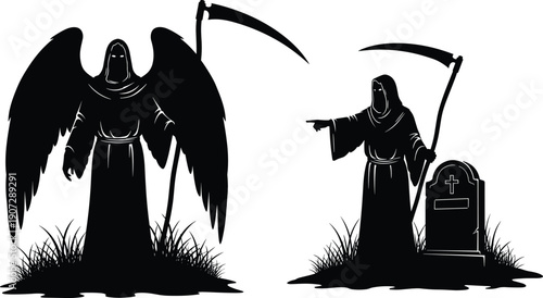 Grim reaper angel silhouettes holding scythe near grave, dark death symbolism illustration, spooky gothic horror concept, isolated black vector design