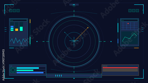 Futuristic heads-up display interface with radar screen, data graphs and status indicators