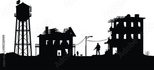 Post apocalyptic ruined city silhouette with abandoned buildings, water tower and survivor figures, dystopian urban landscape concept, isolated black vector illustration