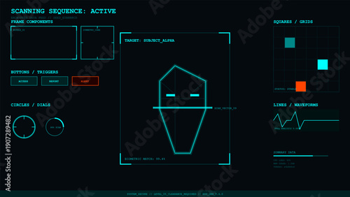 Futuristic heads-up display with biometric scanning sequence and target identification