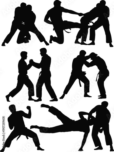 Martial Arts Fighting Silhouettes Set with Combat, Self Defense and Sparring Actions, Dynamic Karate and Boxing Sports Vector Illustration Isolated on White Background