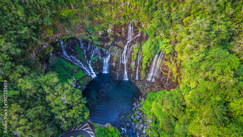 Scenic landscape of the Cascade of Grand Galet in Langevin valley, La Reunion island, France	