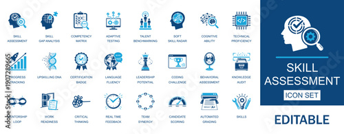 Skill Assessment and Recruitment icon set. Includes symbols for screening, certification, career, talent, hiring and Interview. Editable flat vector icons for HR and talent evaluation.