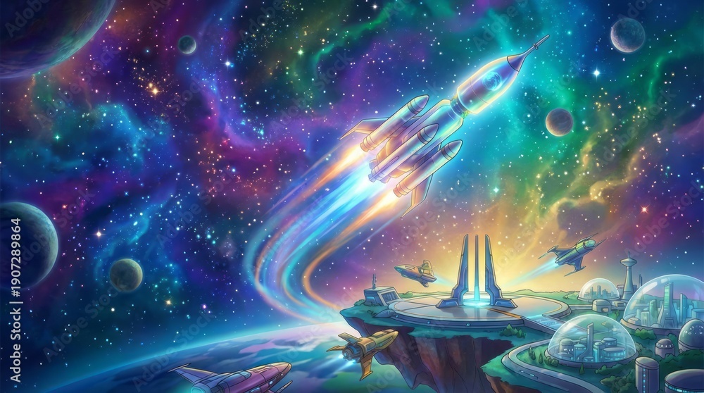 Obraz premium Futuristic Rocket Launch in Space. Concept featuring rocket, space, launch, cosmic, galaxy.