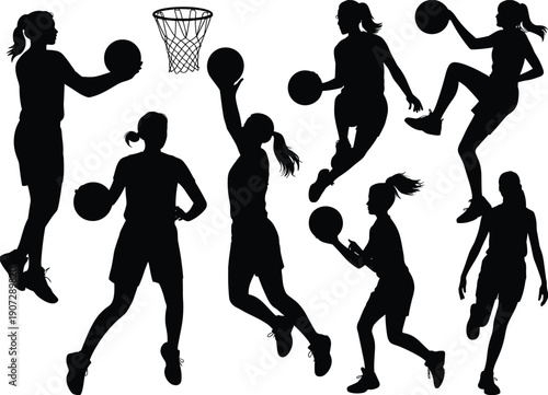 Women Basketball Player Silhouettes Set with Dribbling, Passing and Shooting Actions, Female Sports Motion Vector Illustration Isolated on White Background