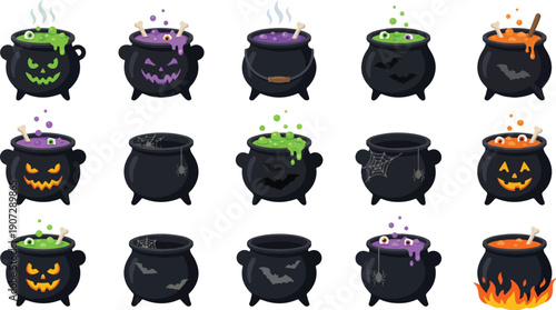 Collection of fifteen different halloween cauldrons filled with bubbling potions and decorated with spooky elements.