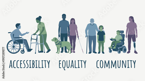 Diverse individuals representing different abilities, interacting positively together.