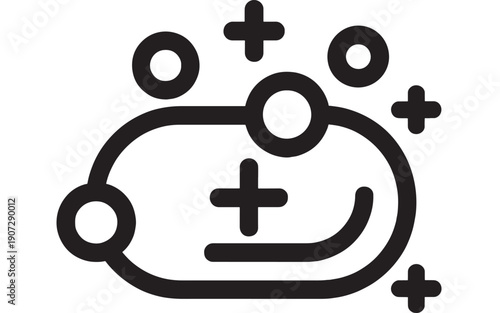 Soap cleaning icon with bubbles and plus symbols, bold black outline pictogram for hygiene, sanitation, disinfection, handwash concept in minimal vector style