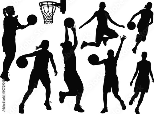 Basketball Player Silhouettes Set with Jump Shot, Dribbling and Dunk Actions, Dynamic Sports Motion Vector Illustration Isolated on White Background