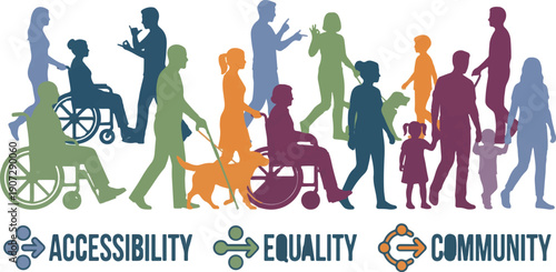 Diverse silhouettes of people including those with disabilities walking together.