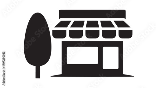 Storefront shop icon with awning canopy and window, simple black silhouette pictogram, retail market building symbol isolated on white for web, app, signage