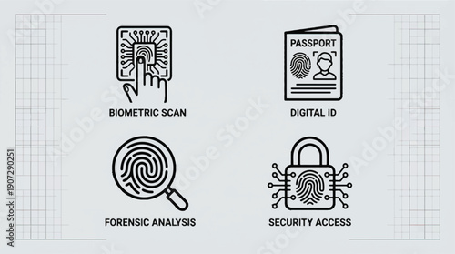 Four security icons represent biometric scan, digital id, forensic analysis, and security access.