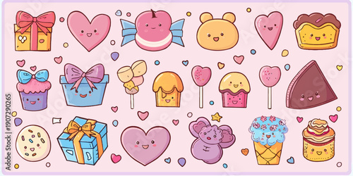 Assorted colorful cupcakes and cakes with various toppings and decorations