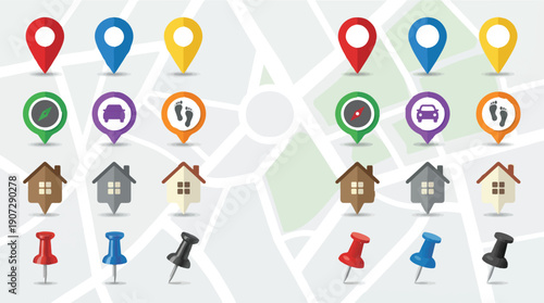 Collection of colorful map pin icons representing various locations and navigation symbols are displayed.