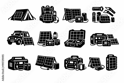 Wilderness generation solar power energy simple emergency icon vector kit supply camping