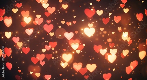 Glowing Red and Orange Hearts on Dark Background with Sparkling Particles