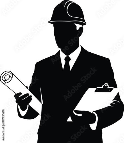 Silhouette of businessman holding blueprints and clipboard