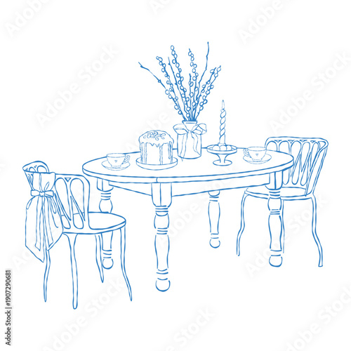 Hand-drawn illustration of a whimsical dining table with chairs, pussy willow, Easter cake, and candles. Easter dinner. Festive spring table setting. Monochrome vector line illustration in blue.