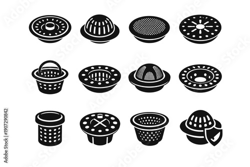 Drainage helper set image flow filter simple icon pipe protection generation vector