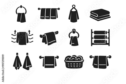 Concept folded usage towel vector bathroom icon hanging setup ideas set