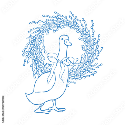 A goose with a flirty bow and pussy willow wreath in outline style. Easter illustration. Funny farm animal. Whimsical decorative blue clip art. Vector line art illustration