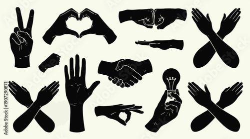 Collection of black hand silhouettes are shown in various poses and gestures.