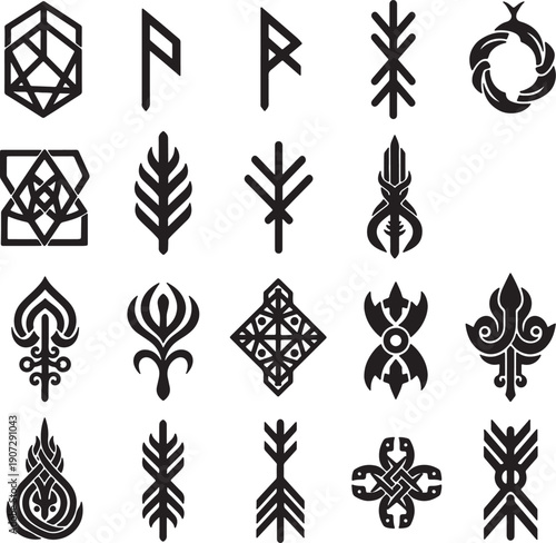 Collection of Black Nordic Runes and Geometric Symbols on White Background also transparent background