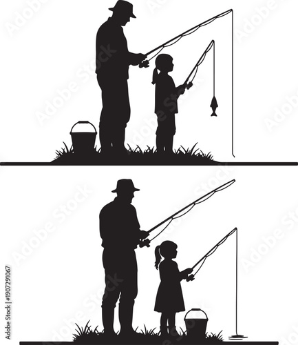 Father and daughter fishing together with a bucket and a caught fish also transparent background child