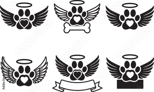 Six black and white of winged paw prints with halos and decorative like a bone a banner and a plaque also transparent background