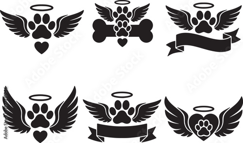Six black silhouette of winged paw prints with halos and decorative also transparent background wings