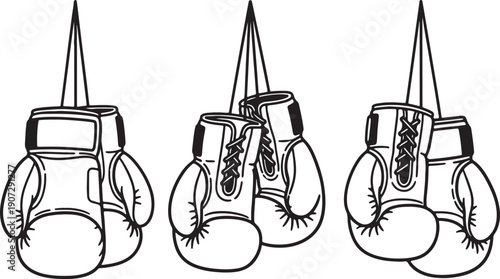 Three pairs of black and white boxing gloves hanging from strings also transparent background sport fight