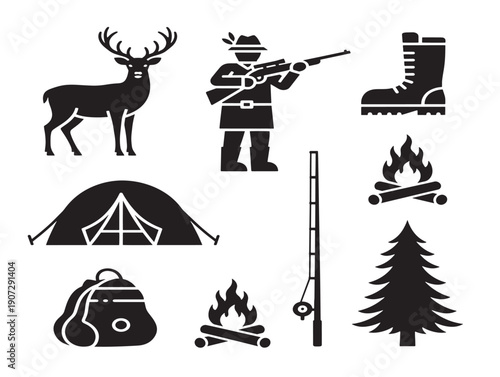 Outdoor hunting silhouettes with survival adventure theme