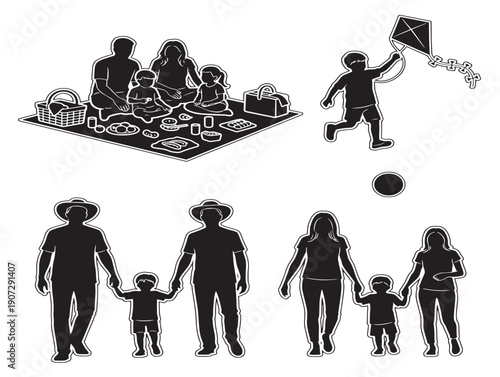 Picnic family silhouettes showing outdoor relaxation moment