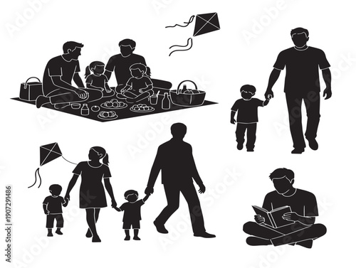 Family picnic silhouettes symbolizing leisure and bonding