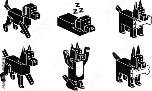 Geometric blocky dog character set featuring black and white icons of sleeping, playing, walking, and holding a bone for modern pet design.