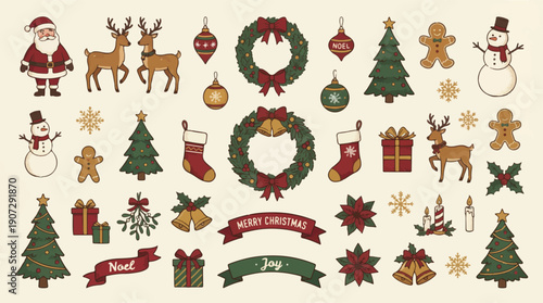 Delightful collection of festive christmas themed illustrations are arranged in rows on a plain cream background.