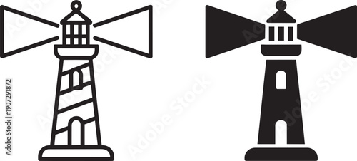 Lighthouse icon with light beams representing guidance safety and maritime navigation direction