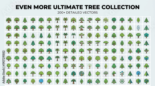 Numerous stylized vector illustrations depict a wide variety of green trees.