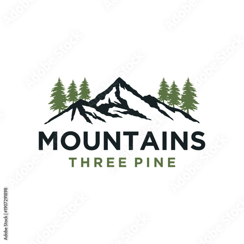 Mountain with lake forest, pine evergreen tree with river creek landscape outdoor logo design vector