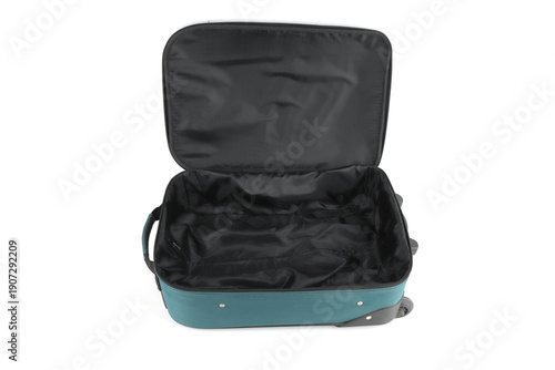 Open empty luggage isolated on white background. Teal travel hard side cabin suitcase.