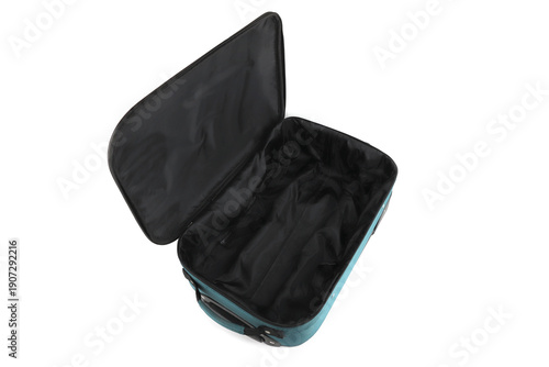 Open empty luggage isolated on white background. Teal travel hard side cabin suitcase.