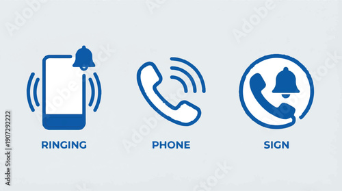 Three graphic icons represent a ringing smartphone, a vintage telephone handset, and a telephone symbol with a bell.