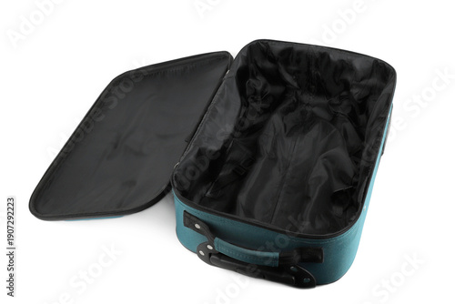 Open empty luggage isolated on white background. Teal travel hard side cabin suitcase.